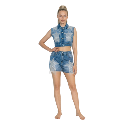 Star Rhinestone Denim Shorts Set