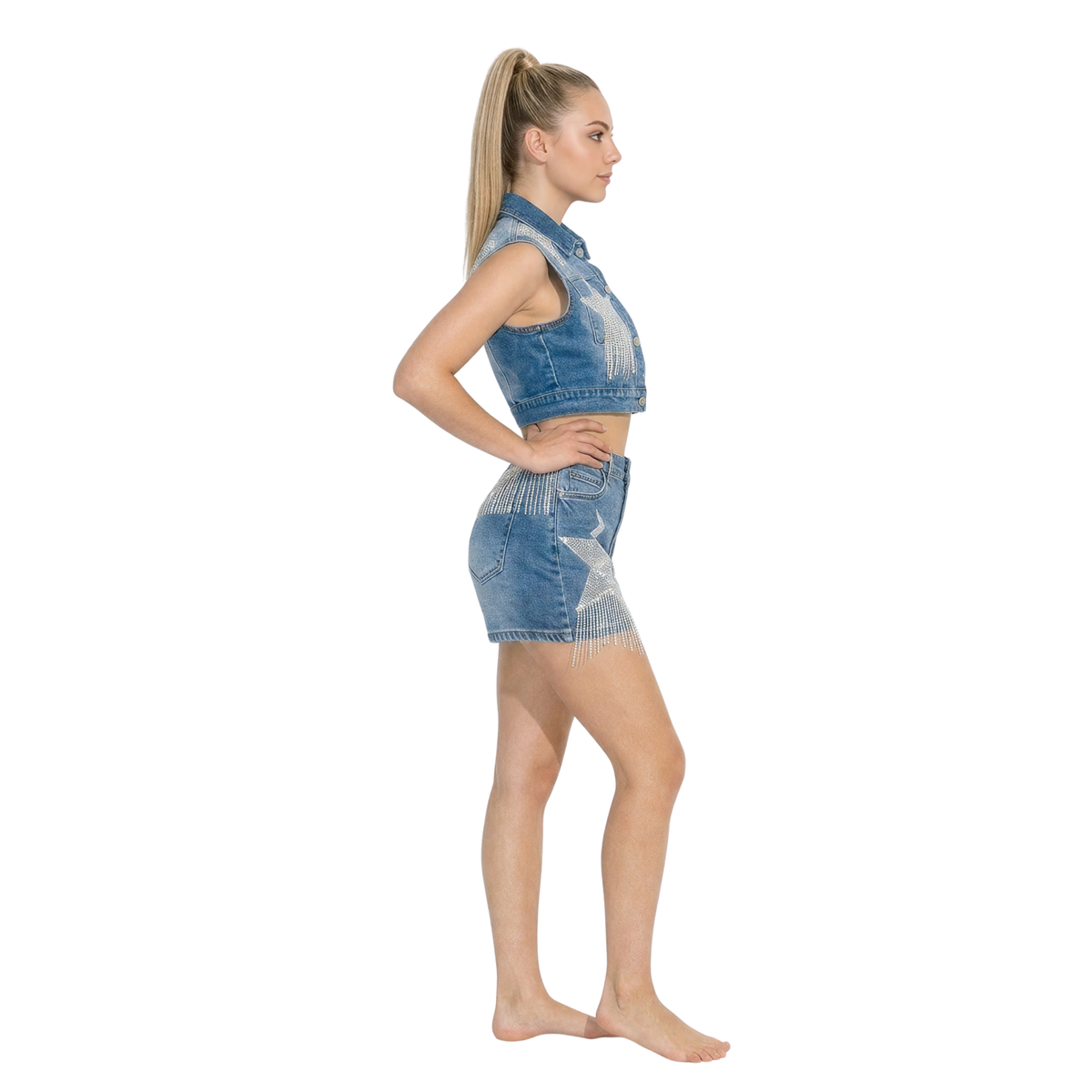Star Rhinestone Denim Shorts Set