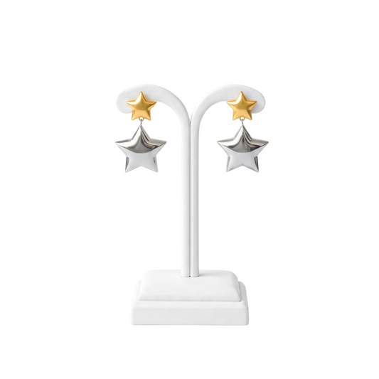 Gold & Silver Double Star Drop Stud Earrings
