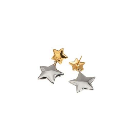 Gold & Silver Double Star Drop Stud Earrings