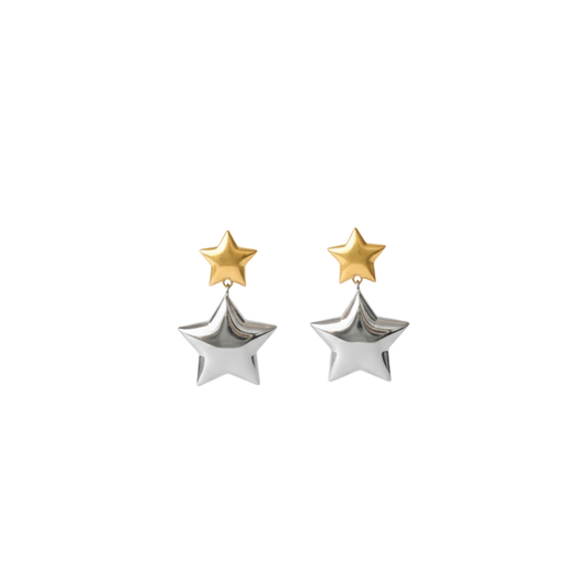 Gold & Silver Double Star Drop Stud Earrings