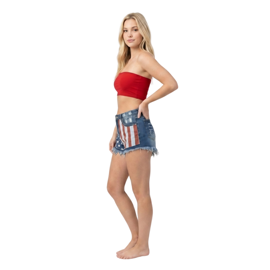 Flag Star Fringe Denim Shorts
