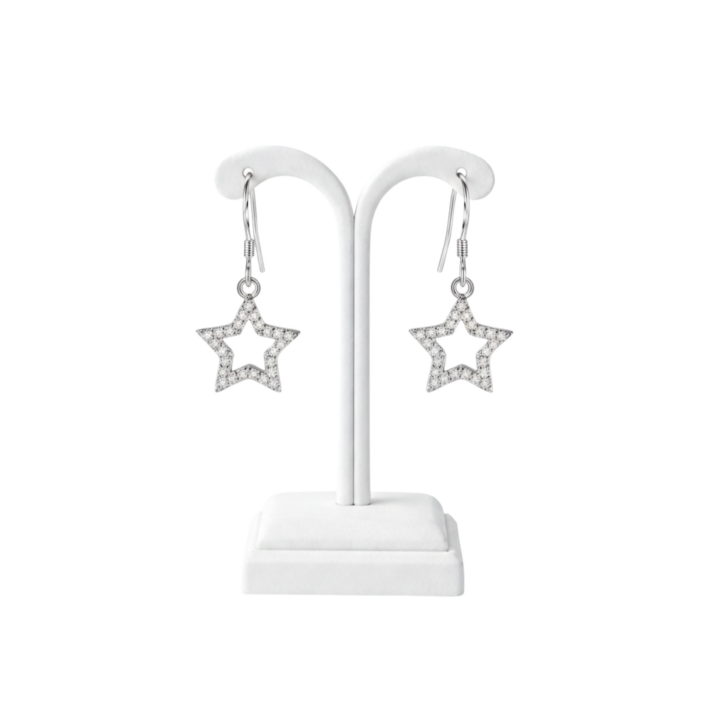 Silver CZ Hollow Star Hook Earrings