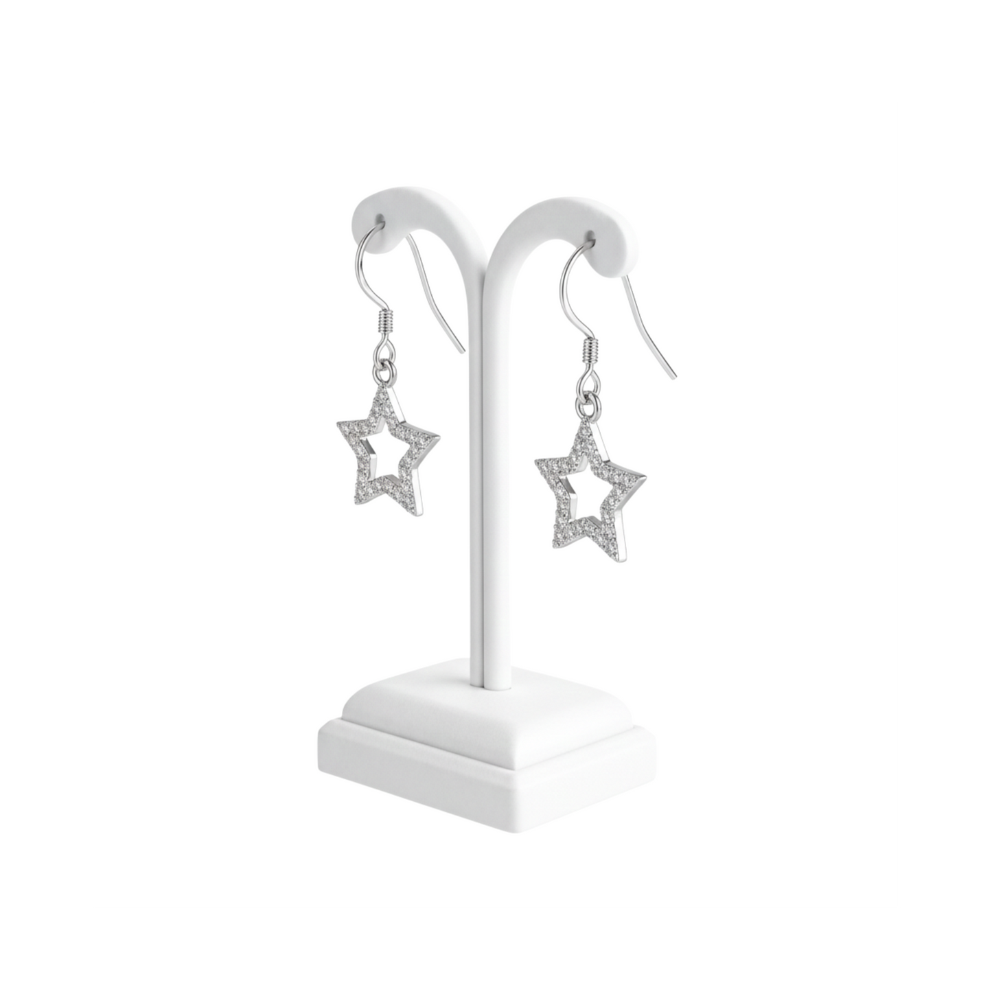 Silver CZ Hollow Star Hook Earrings