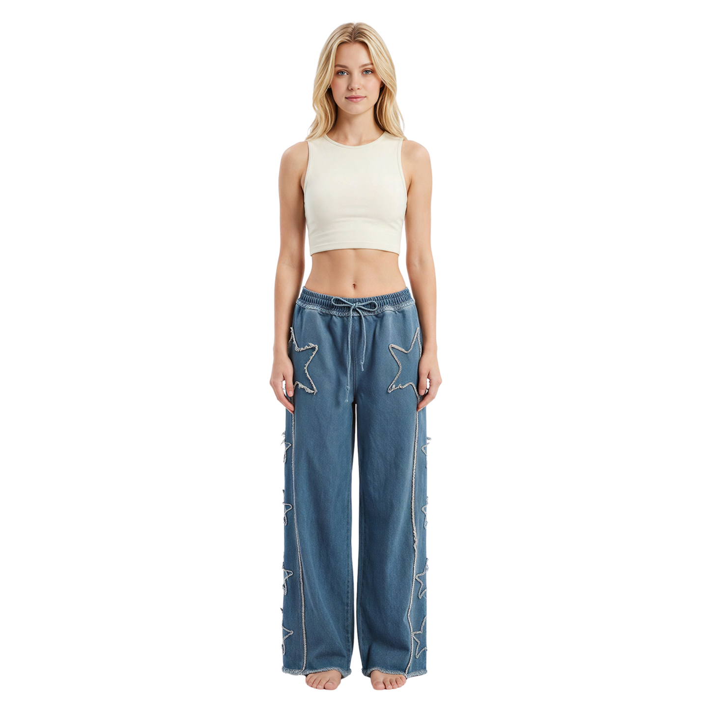 Frayed Star Wide-Leg Jeans