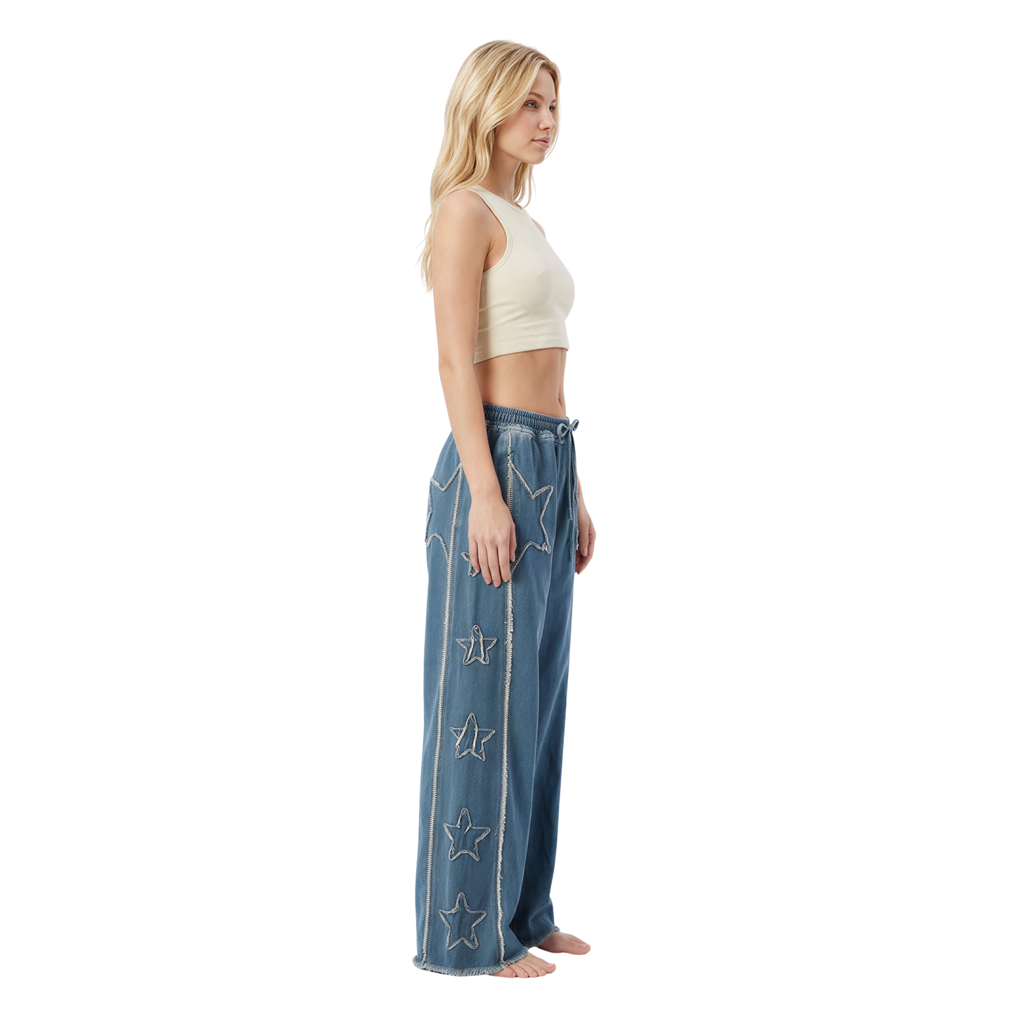 Frayed Star Wide-Leg Jeans